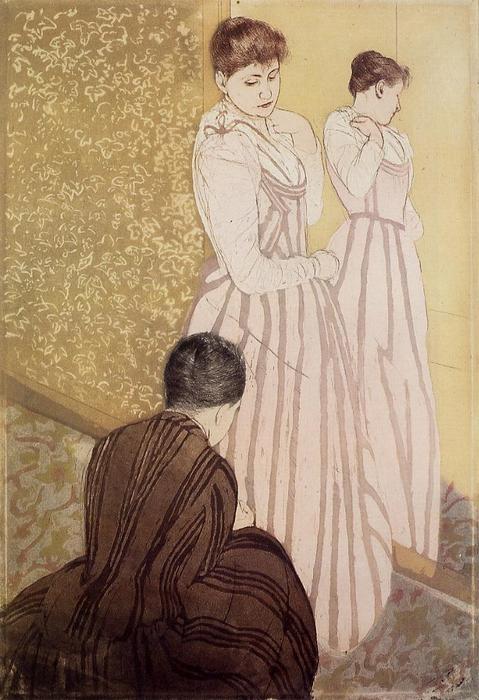 Wikioo.org - The Encyclopedia of Fine Arts - Painting, Artwork by Mary Stevenson Cassatt - Young Woman Trying on a Dress