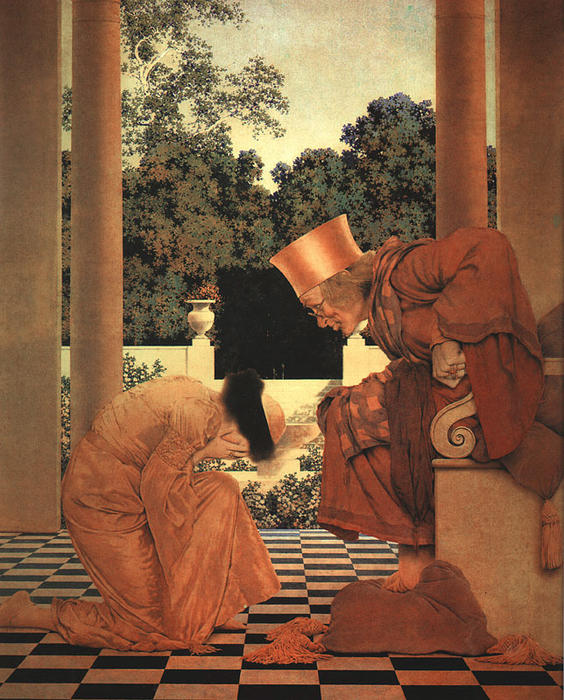 Wikioo.org - The Encyclopedia of Fine Arts - Painting, Artwork by Maxfield Parrish - Lady Ursula Kneeling before Pompdebile