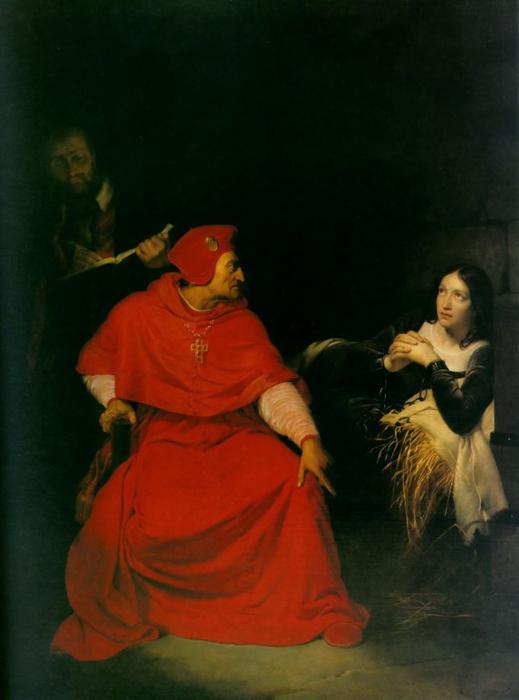 Wikioo.org - The Encyclopedia of Fine Arts - Painting, Artwork by Paul Delaroche (Hippolyte Delaroche) - oan of Arc is interrogated by The Cardinal of Winchester in her prison
