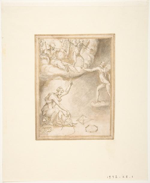 WikiOO.org - Encyclopedia of Fine Arts - Festés, Grafika Prospero Fontana - An Allegory. Female Figure with a Compass, God the Father Seated on Clouds, and a Demon