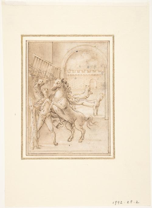 WikiOO.org - Güzel Sanatlar Ansiklopedisi - Resim, Resimler Prospero Fontana - An Allegory. Male Nude in a Stable with Four Wild Horses