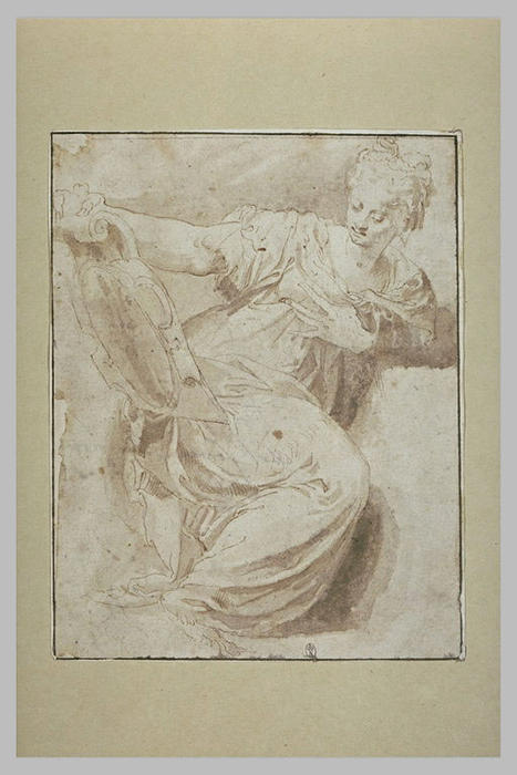 Wikioo.org - สารานุกรมวิจิตรศิลป์ - จิตรกรรม Prospero Fontana - Femme assise, tournée vers la droite, se regardant dans un miroir