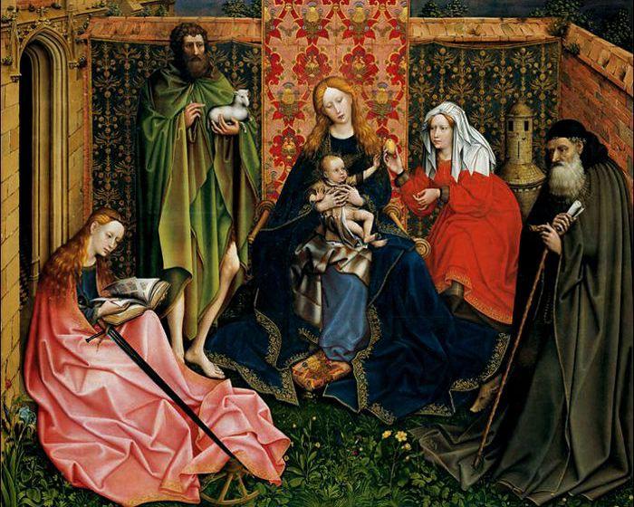 Wikioo.org - The Encyclopedia of Fine Arts - Painting, Artwork by Robert Campin (Master Of Flemalle) - Madonna and Child with Saints in an Enclosed Garden