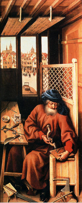 Wikioo.org - The Encyclopedia of Fine Arts - Painting, Artwork by Robert Campin (Master Of Flemalle) - St. Joseph Portrayed As A Medieval Carpenter (Center Panel Of The Merode Altarpiece)