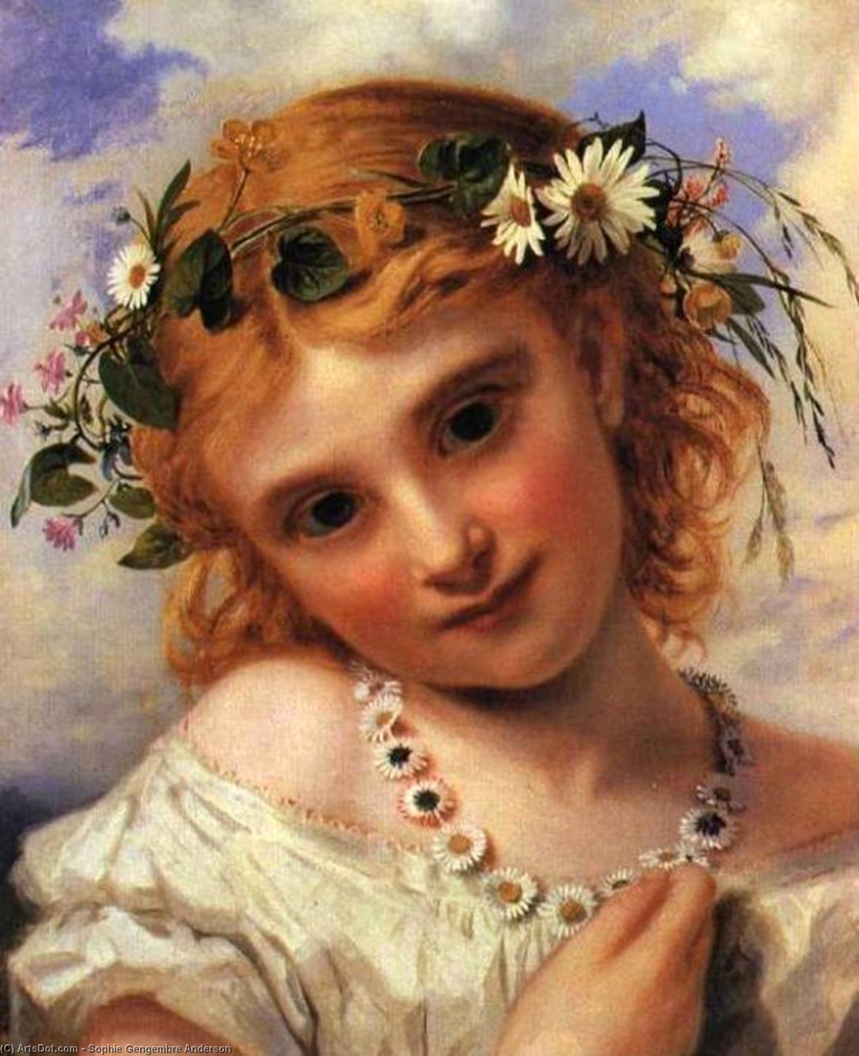 WikiOO.org - Enciklopedija dailės - Tapyba, meno kuriniai Sophie Gengembre Anderson - Young Girl with a Garland of Marguerites