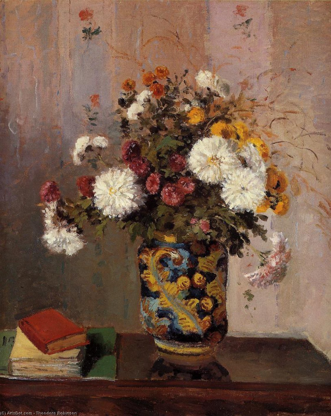 Wikioo.org - The Encyclopedia of Fine Arts - Painting, Artwork by Theodore Robinson - Bouquet of Flowers. Chrysanthemums in a China Vase