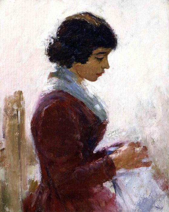 Wikioo.org - The Encyclopedia of Fine Arts - Painting, Artwork by Theodore Robinson - Girl in Red, Sewing