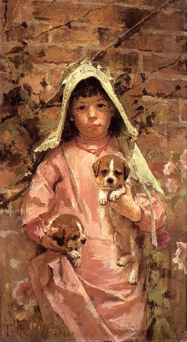 Wikioo.org - The Encyclopedia of Fine Arts - Painting, Artwork by Theodore Robinson - Girl with Puppies