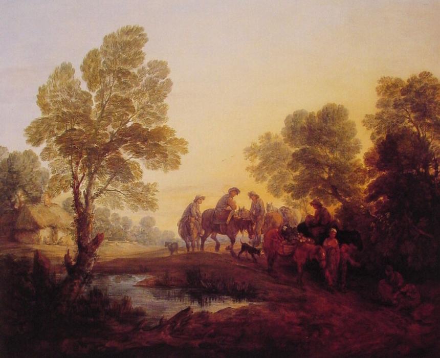 Wikioo.org - The Encyclopedia of Fine Arts - Painting, Artwork by Thomas Gainsborough - Evening Landscape Peasants and Mounted Figures
