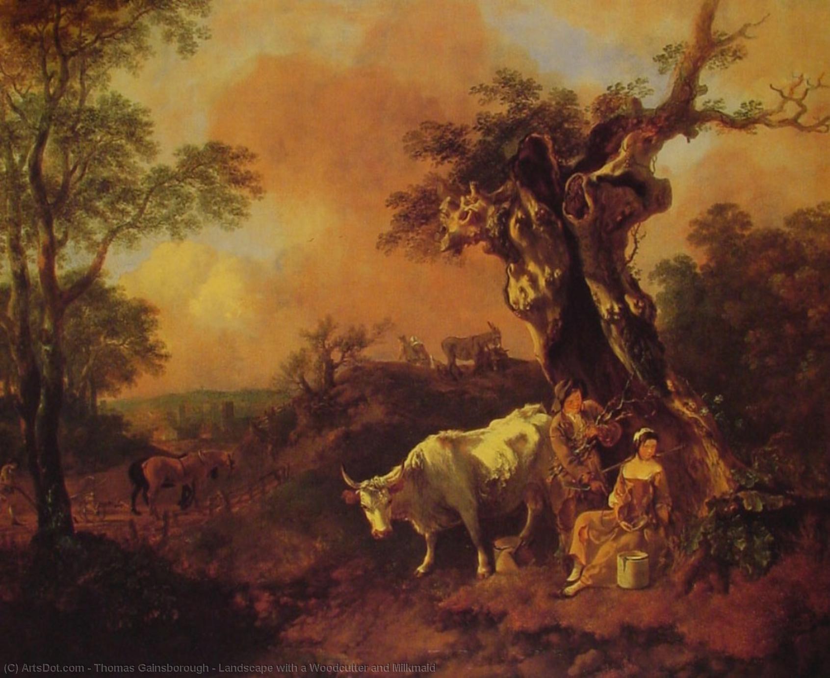Wikioo.org – La Enciclopedia de las Bellas Artes - Pintura, Obras de arte de Thomas Gainsborough - Paisaje con un leñador y lechera