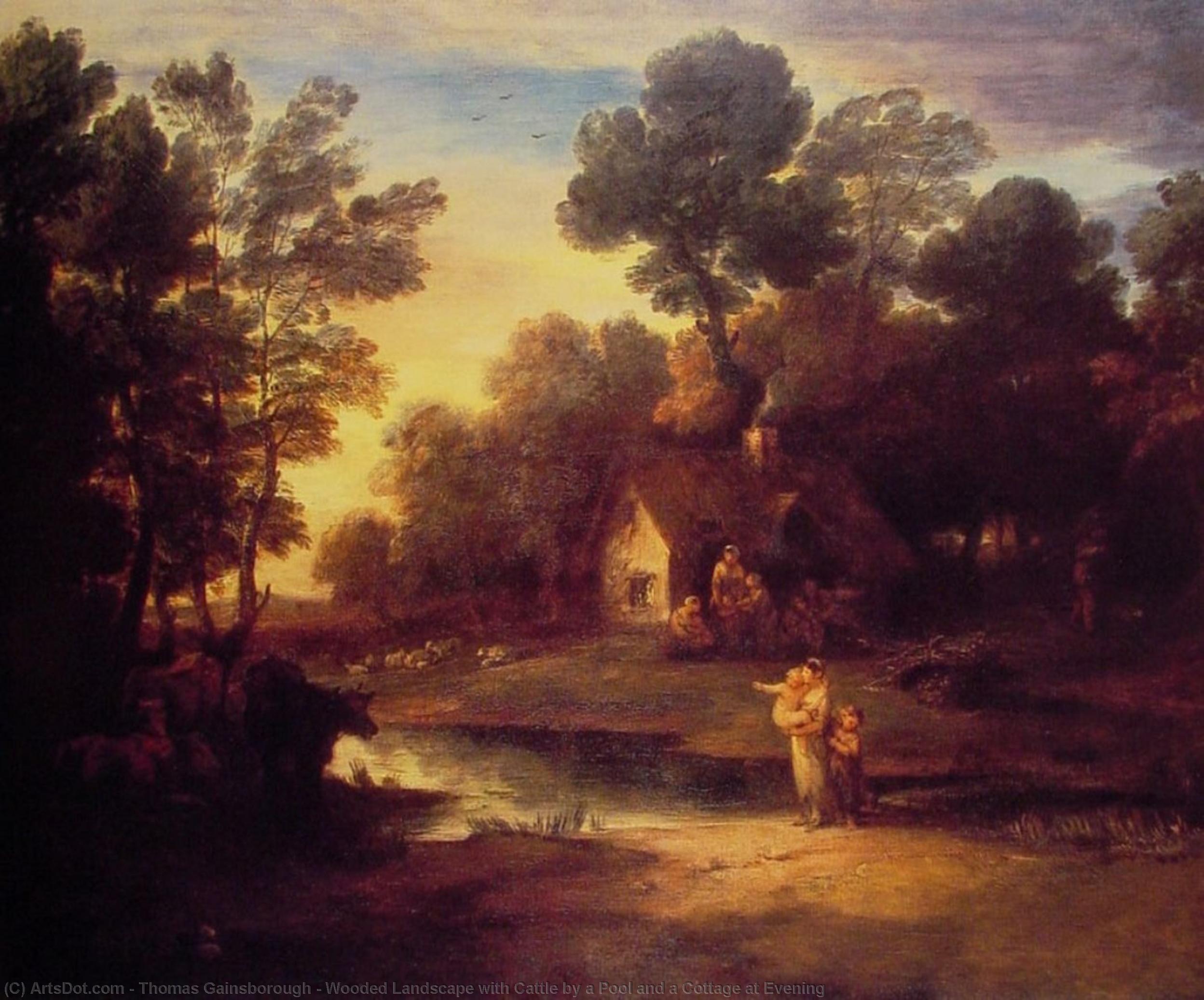 Wikioo.org - The Encyclopedia of Fine Arts - Painting, Artwork by Thomas Gainsborough - Wooded Landscape with Cattle by a Pool and a Cottage at Evening