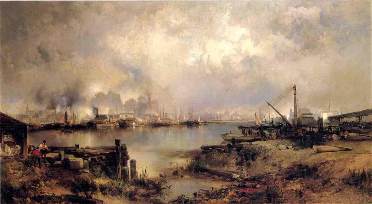 Wikioo.org - The Encyclopedia of Fine Arts - Painting, Artwork by Thomas Moran - Lower Manhattan from Communipaw, New Jersey