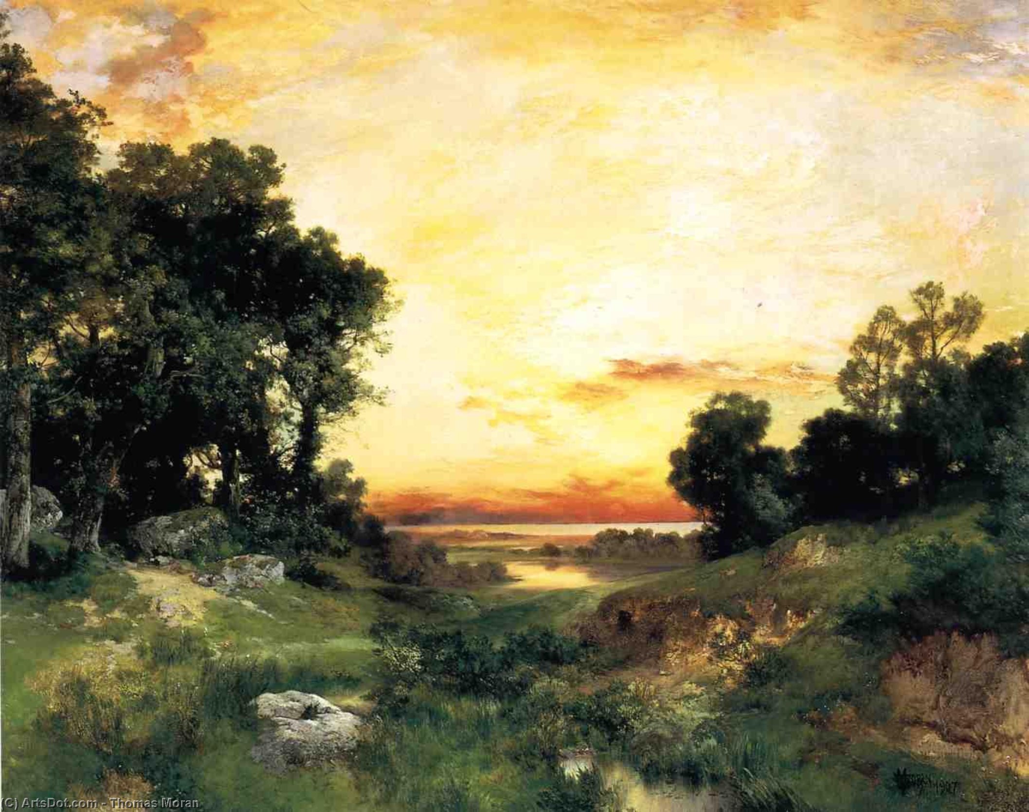 Wikioo.org - สารานุกรมวิจิตรศิลป์ - จิตรกรรม Thomas Moran - Sunset, Long Island Sound