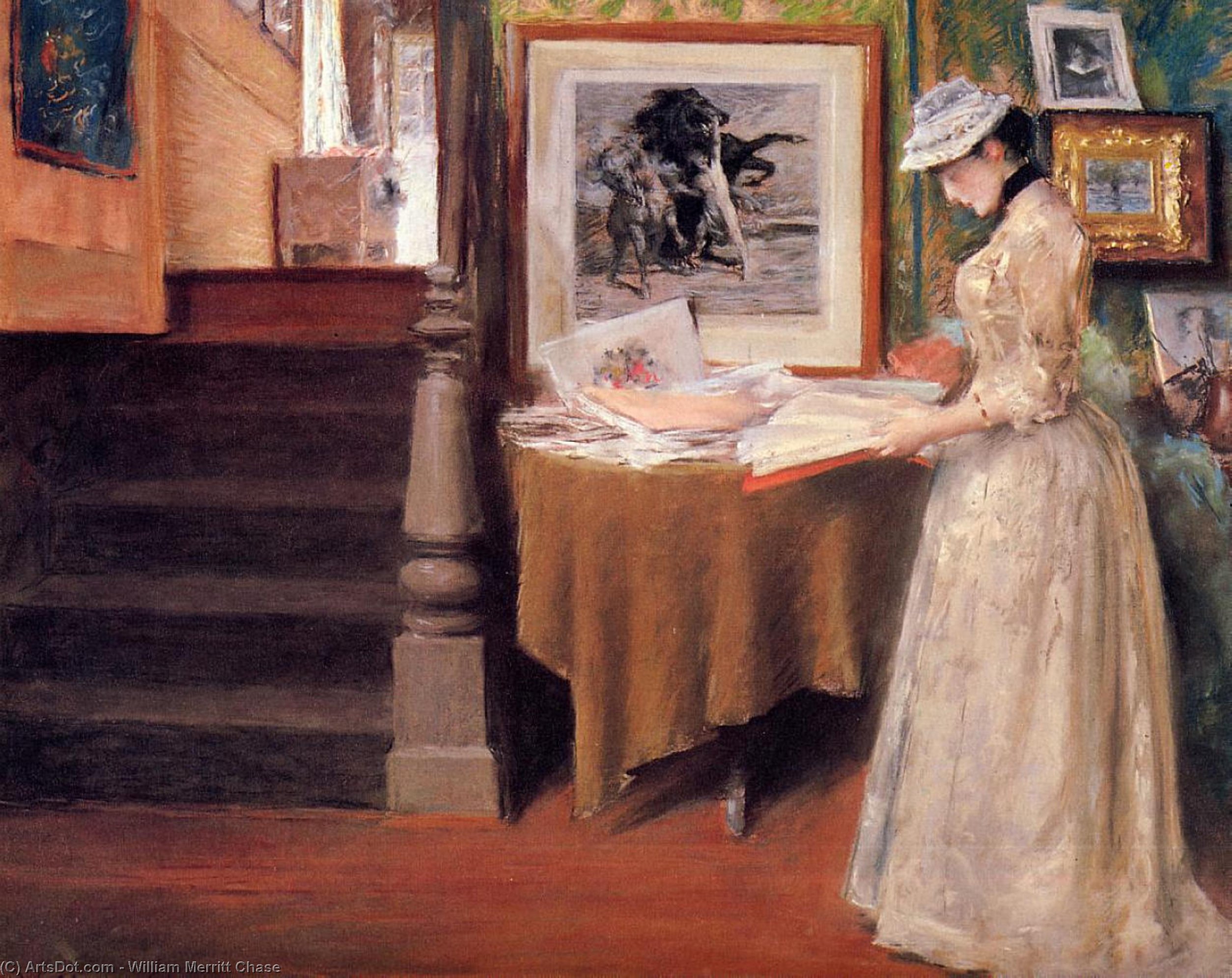 Wikioo.org - The Encyclopedia of Fine Arts - Painting, Artwork by William Merritt Chase - Interior, Young Woman at a Table