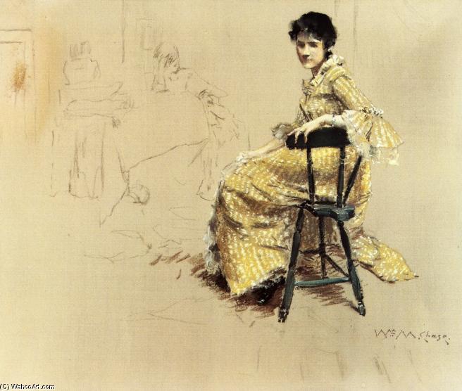 Wikioo.org - The Encyclopedia of Fine Arts - Painting, Artwork by William Merritt Chase - Seated Woman in Yello Striped Gown