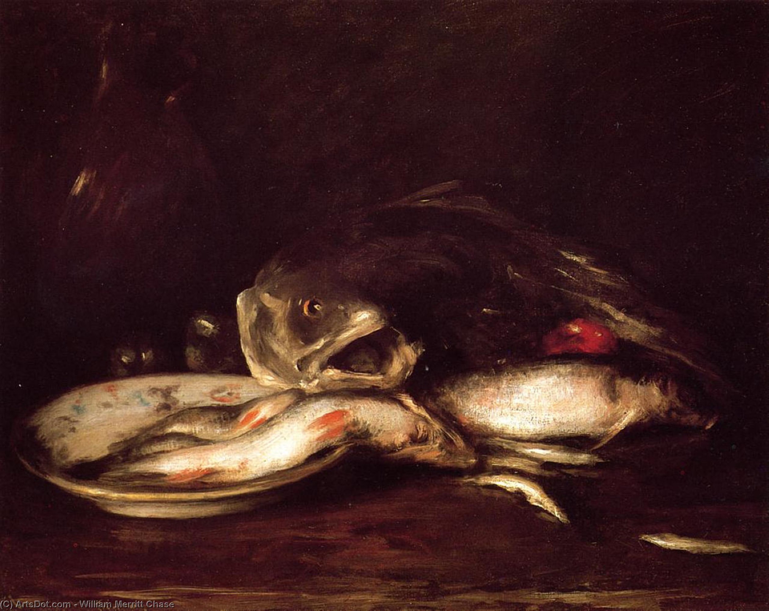 Wikioo.org - The Encyclopedia of Fine Arts - Painting, Artwork by William Merritt Chase - Still Llife with Fish and Plate