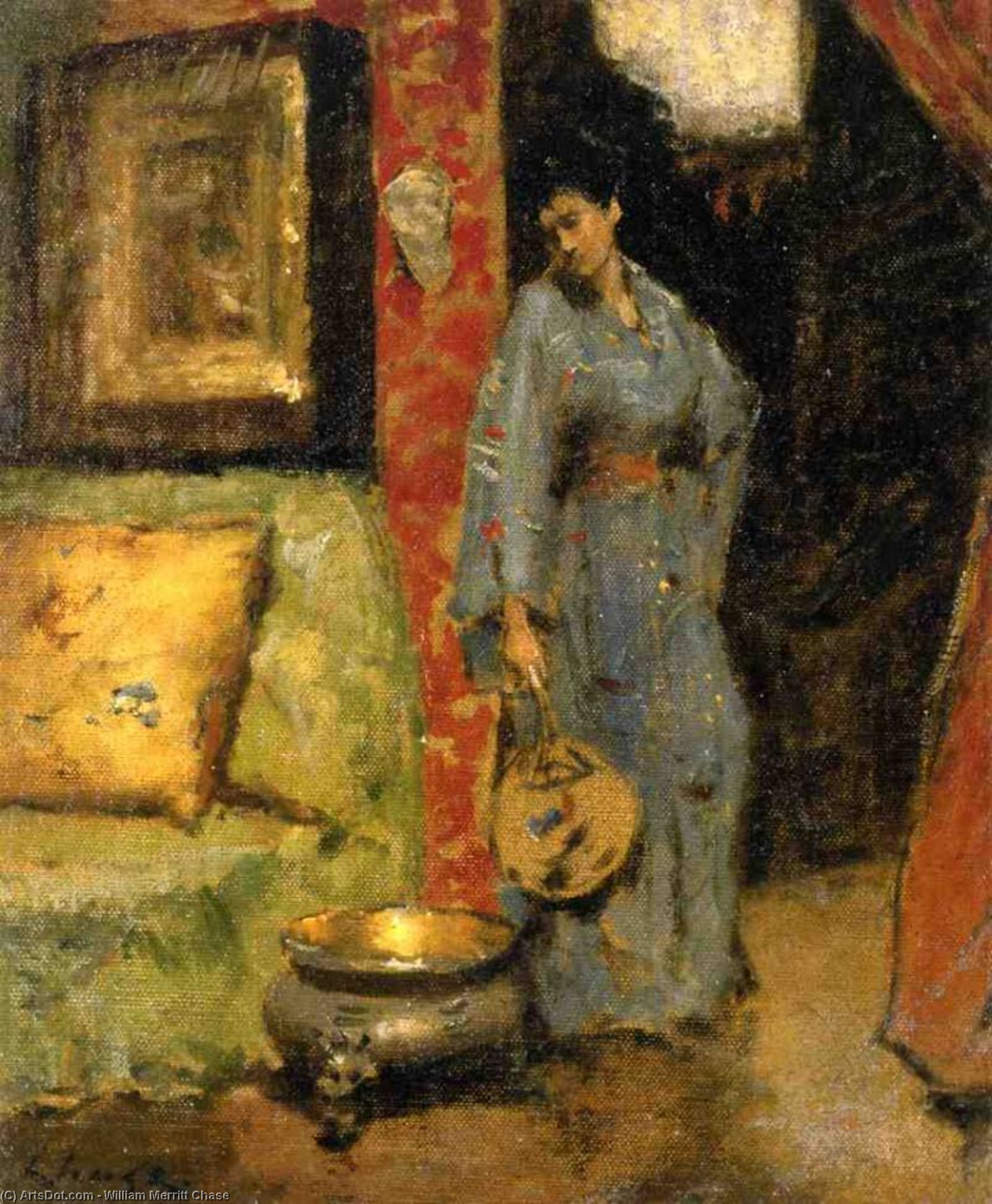 Wikioo.org - The Encyclopedia of Fine Arts - Painting, Artwork by William Merritt Chase - Woman in Kimono Holding a Japanese Fan