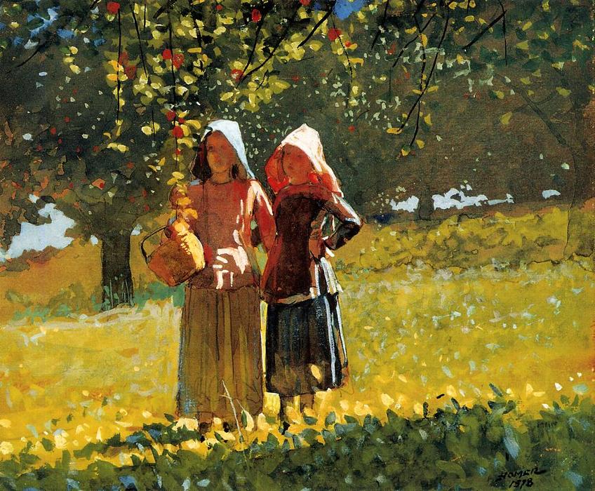 Wikioo.org - The Encyclopedia of Fine Arts - Painting, Artwork by Winslow Homer - Apple Picking (aka Two Girls in sunbonnets or in the Orchard)
