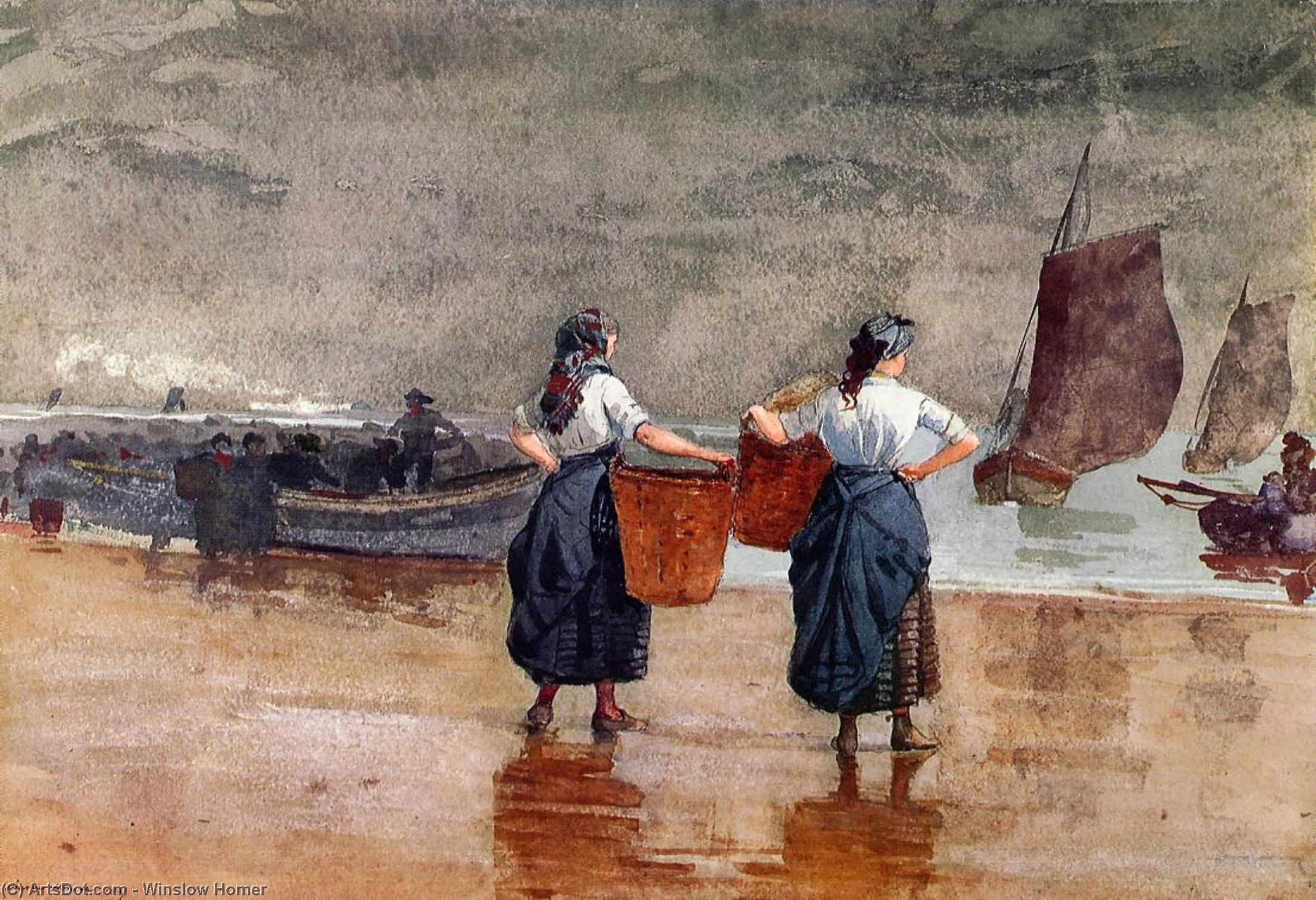 WikiOO.org - Энциклопедия изобразительного искусства - Живопись, Картины  Winslow Homer - Fishergirls на пляже Тайнмут