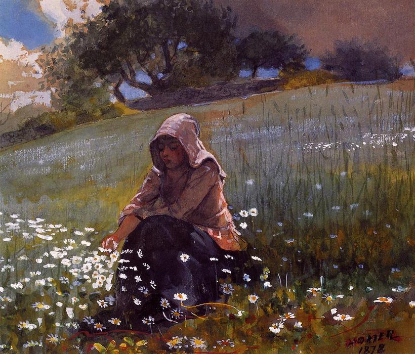 Wikoo.org - موسوعة الفنون الجميلة - اللوحة، العمل الفني Winslow Homer - Girl and Daisies