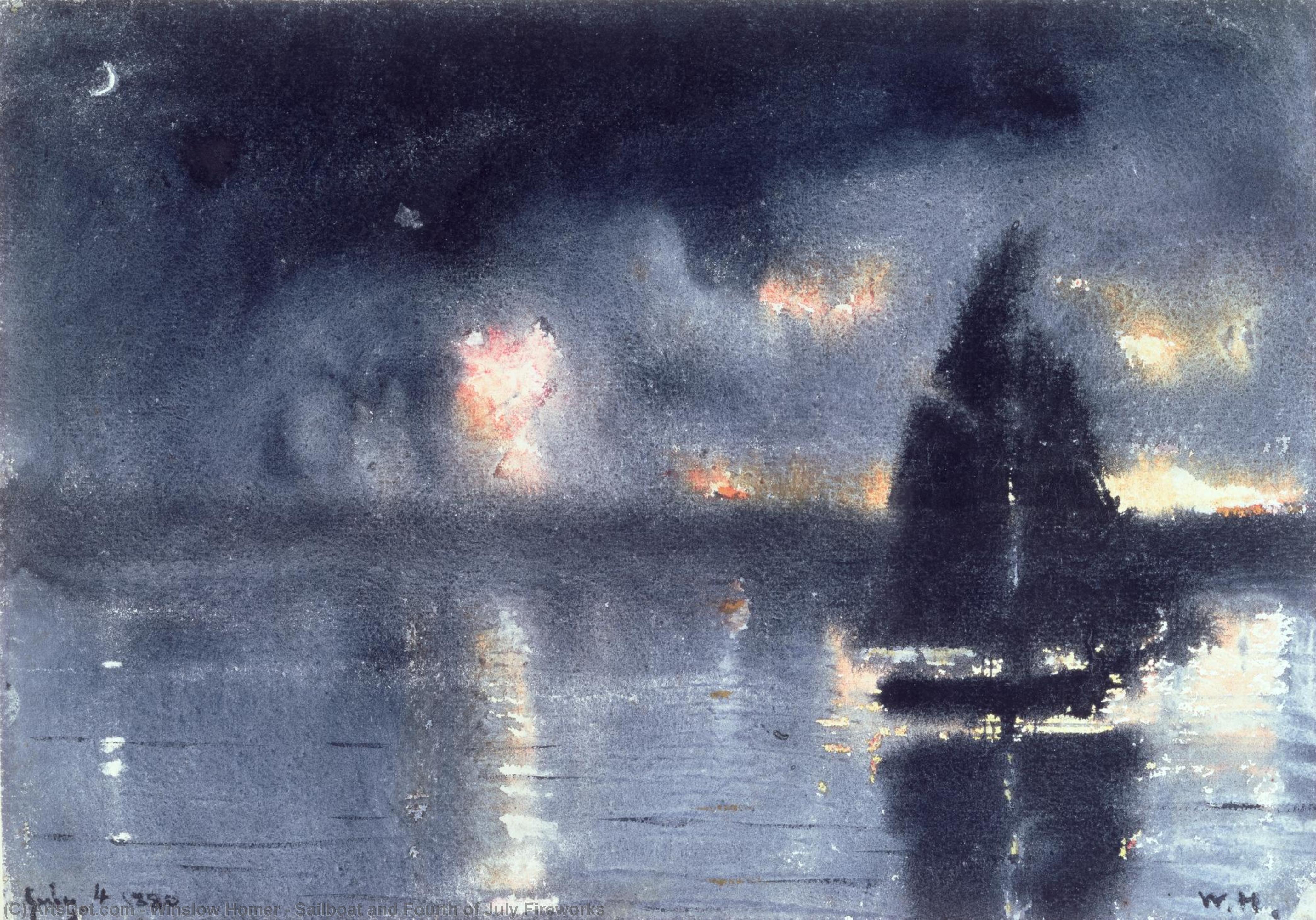 Wikioo.org - สารานุกรมวิจิตรศิลป์ - จิตรกรรม Winslow Homer - Sailboat and Fourth of July Fireworks