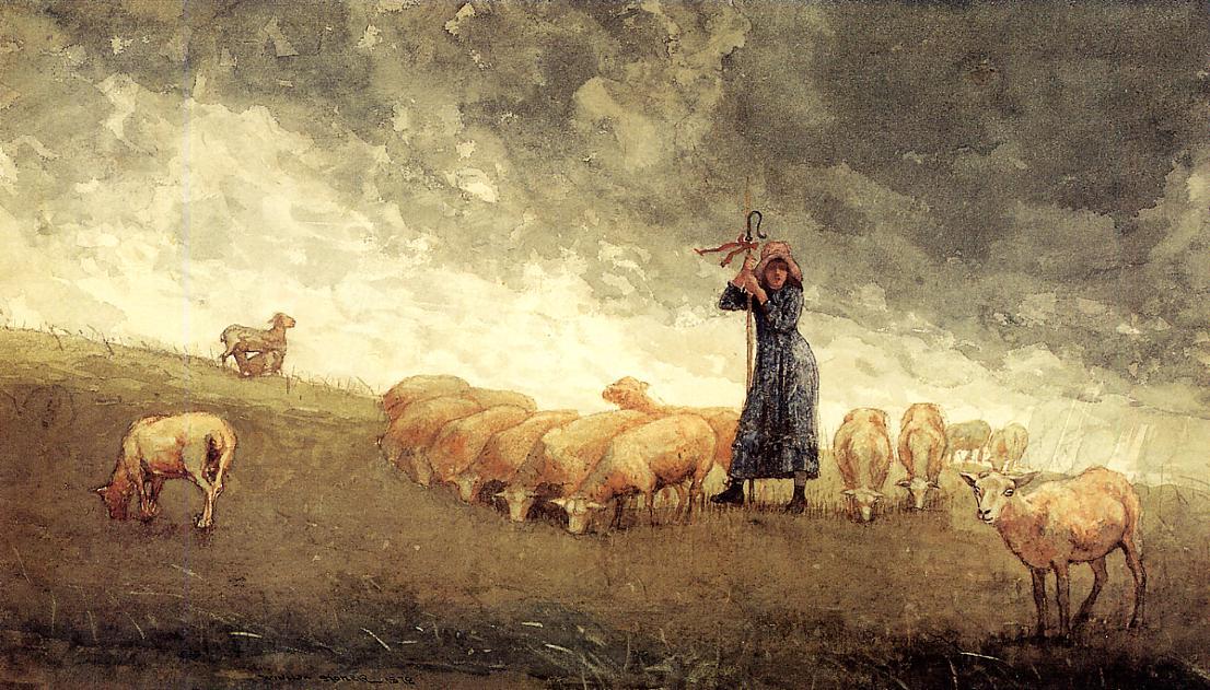Wikioo.org - The Encyclopedia of Fine Arts - Painting, Artwork by Winslow Homer - Shepherdess Tending Sheep