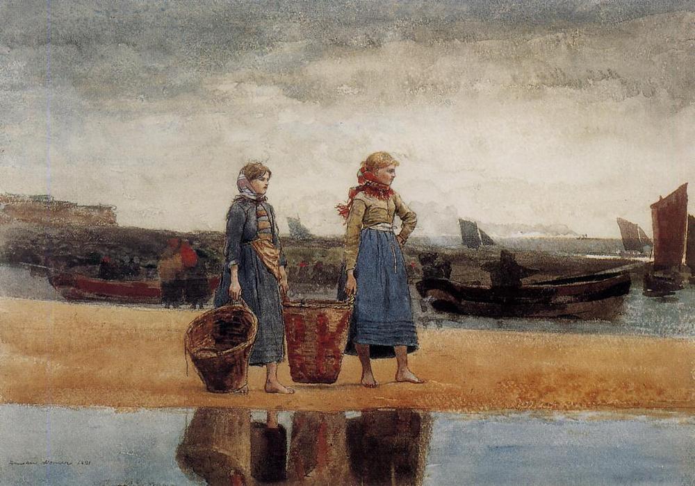 WikiOO.org - Encyclopedia of Fine Arts - Maalaus, taideteos Winslow Homer - Two Girls at the Beach, Tynemouth