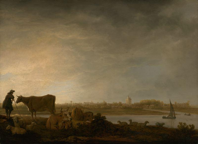 WikiOO.org - Encyclopedia of Fine Arts - Maľba, Artwork Aelbert Jacobsz Cuyp - A View of Vianen with a Herdsman and Cattle by a River