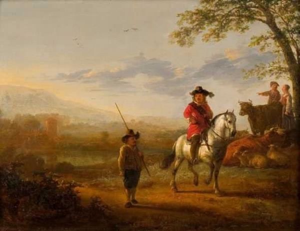Wikioo.org - The Encyclopedia of Fine Arts - Painting, Artwork by Aelbert Jacobsz Cuyp - Landscape with rider, shepherds and livestock