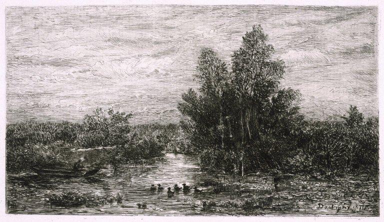 WikiOO.org - Encyclopedia of Fine Arts - Maľba, Artwork Charles François Daubigny - Fisherman on River with Ducks