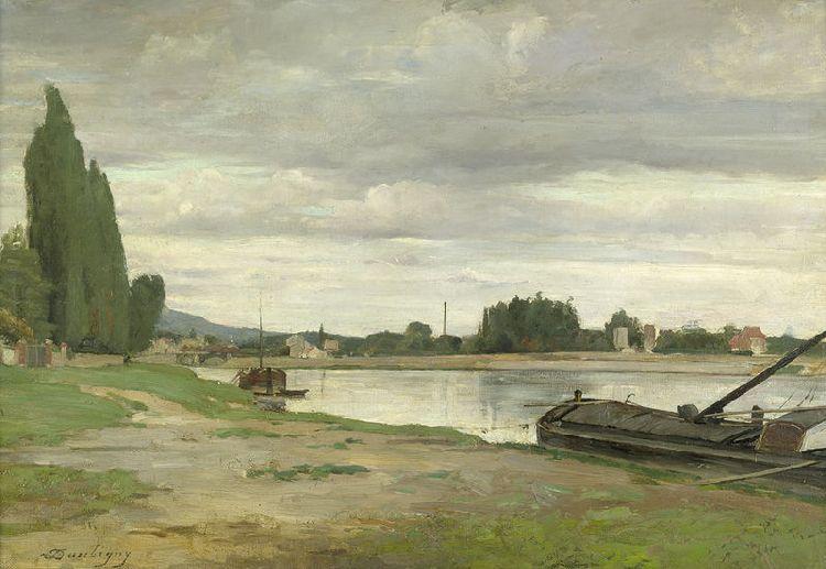 WikiOO.org - Enciklopedija dailės - Tapyba, meno kuriniai Charles François Daubigny - Riverside with anchored barge