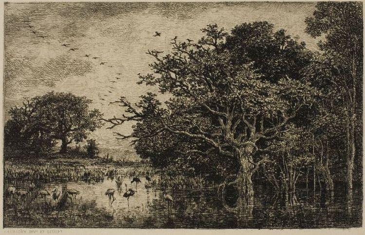 Wikioo.org – La Enciclopedia de las Bellas Artes - Pintura, Obras de arte de Charles François Daubigny - El pantano con Cigüeñas