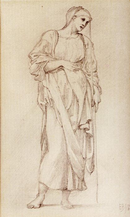 Wikoo.org - موسوعة الفنون الجميلة - اللوحة، العمل الفني Edward Coley Burne-Jones - Study Of A Standing Female Figure Holding A Staff