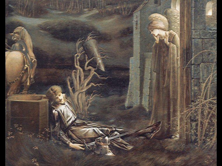 Wikioo.org – L'Encyclopédie des Beaux Arts - Peinture, Oeuvre de Edward Coley Burne-Jones - Le Rêve de Lancelot à la chapelle du Graal San