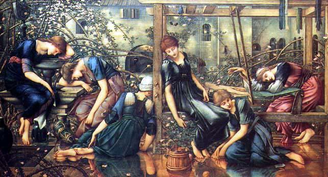 Wikioo.org - The Encyclopedia of Fine Arts - Painting, Artwork by Edward Coley Burne-Jones - The Garden Court from the Legend of Briar Rose