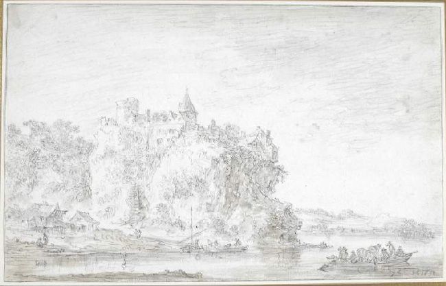 Wikioo.org - The Encyclopedia of Fine Arts - Painting, Artwork by Jan Van Goyen - A castle on a cliff overlooking a river