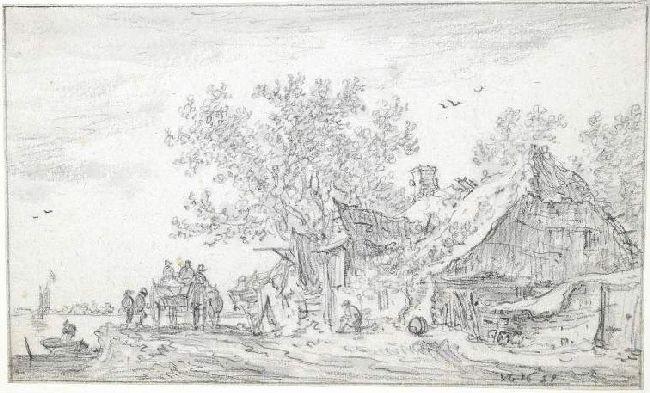 Wikioo.org - The Encyclopedia of Fine Arts - Painting, Artwork by Jan Van Goyen - Landscape with cottages on a river bank