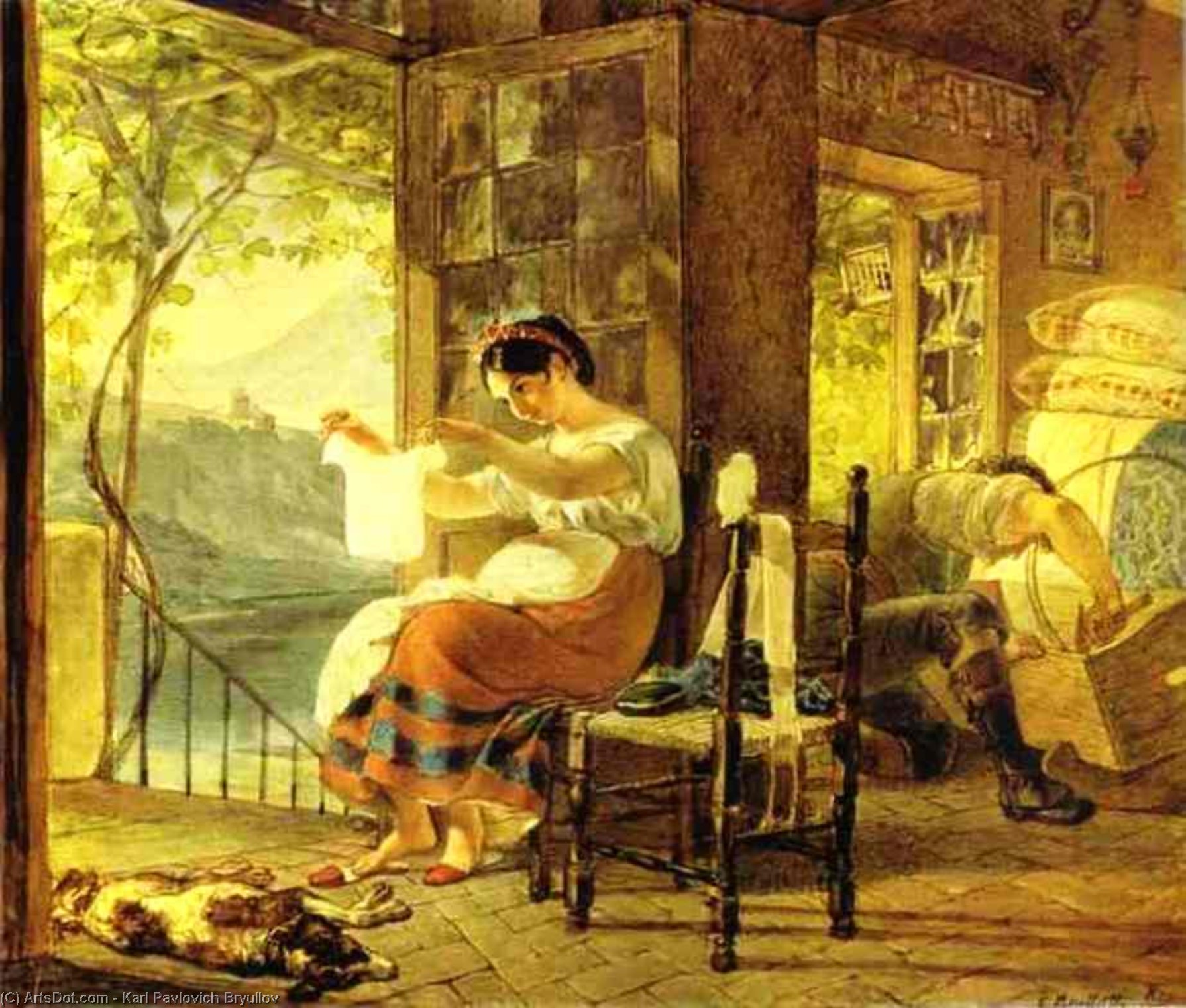 Wikioo.org - สารานุกรมวิจิตรศิลป์ - จิตรกรรม Karl Pavlovich Bryullov - Italian Woman Examining a Shirt and her Husband Making a Cradle