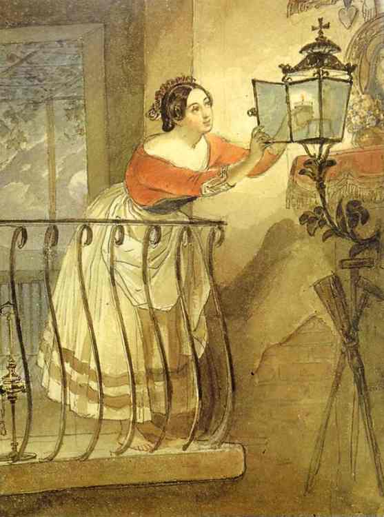 Wikioo.org - The Encyclopedia of Fine Arts - Painting, Artwork by Karl Pavlovich Bryullov - Italian Woman Lightning a Lamp Before the Image of Madonna