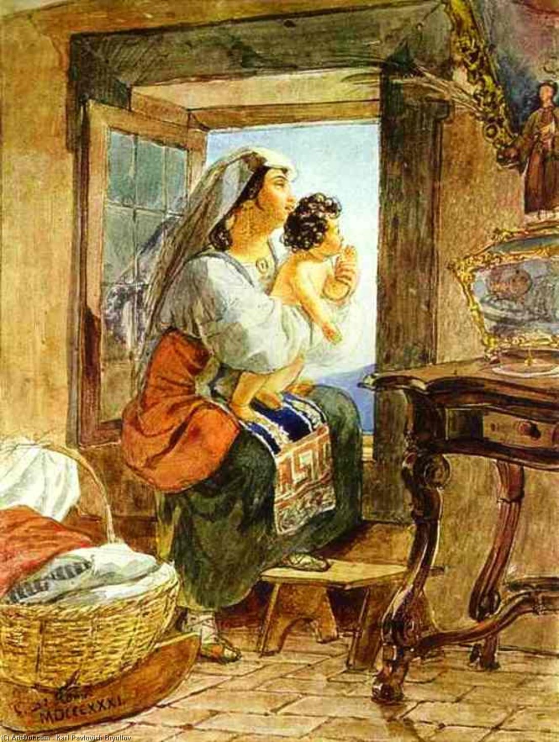 Wikioo.org - The Encyclopedia of Fine Arts - Painting, Artwork by Karl Pavlovich Bryullov - Italian Woman with a Child by a Window