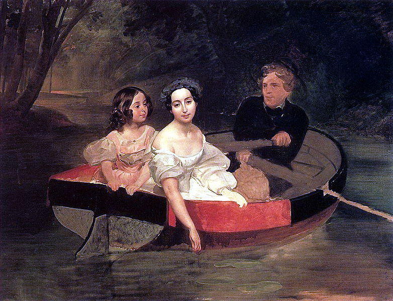 Wikoo.org - موسوعة الفنون الجميلة - اللوحة، العمل الفني Karl Pavlovich Bryullov - Self-portrait with Baroness Ye. N. Meller-Zakomelskaya and a Girl in a Boat. (Unfinished)