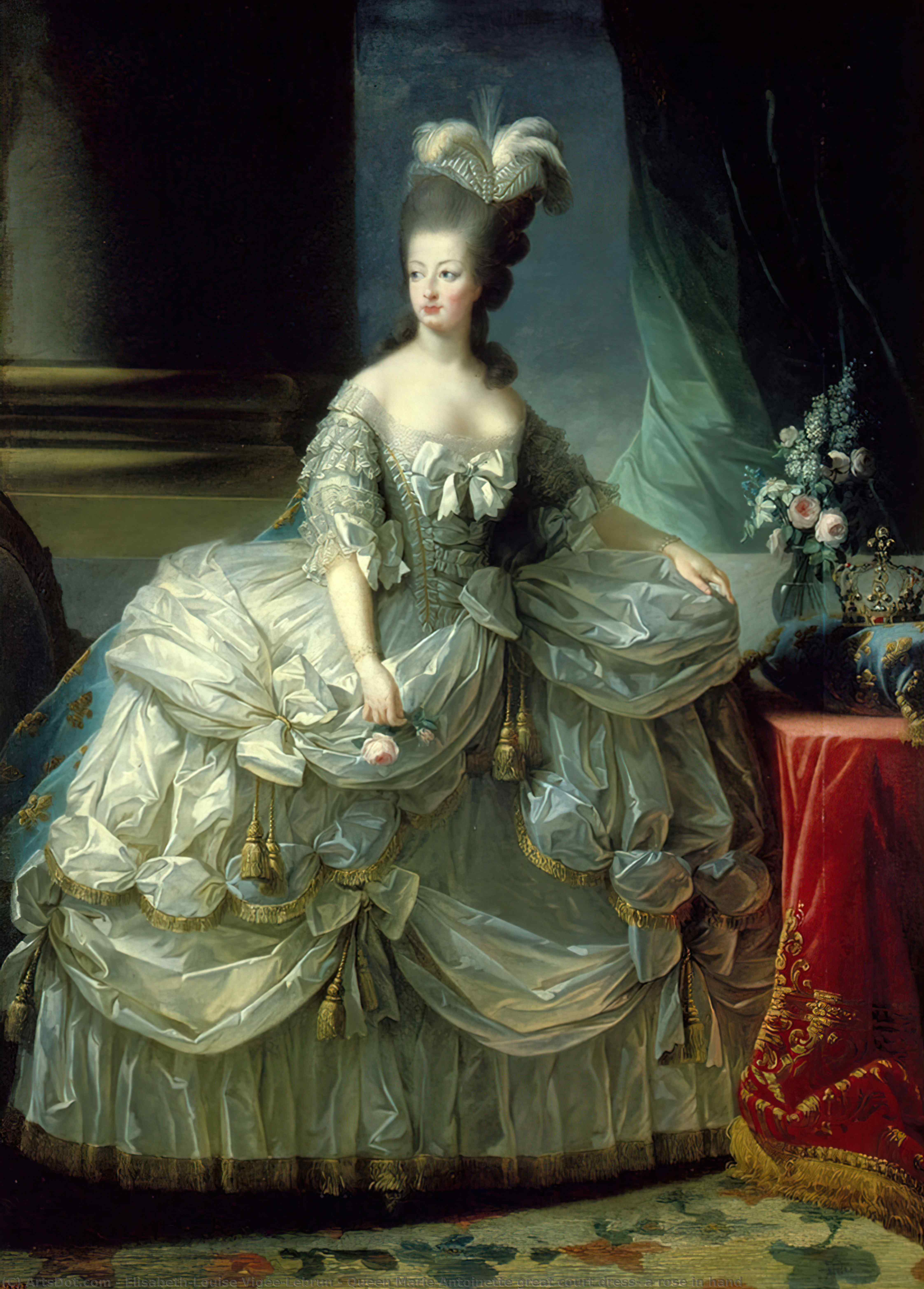Wikoo.org - موسوعة الفنون الجميلة - اللوحة، العمل الفني Elisabeth-Louise Vigée-Lebrun - Queen Marie-Antoinette great court dress, a rose in hand