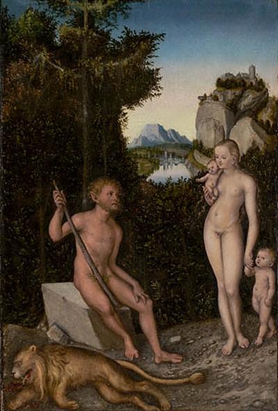Wikioo.org - The Encyclopedia of Fine Arts - Painting, Artwork by Lucas Cranach The Elder - A Faun and His Family with a Slain Lion