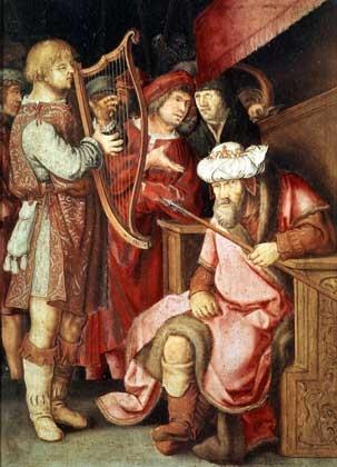 Wikioo.org - The Encyclopedia of Fine Arts - Painting, Artwork by Lucas Van Leyden - David plays the harp before Saul