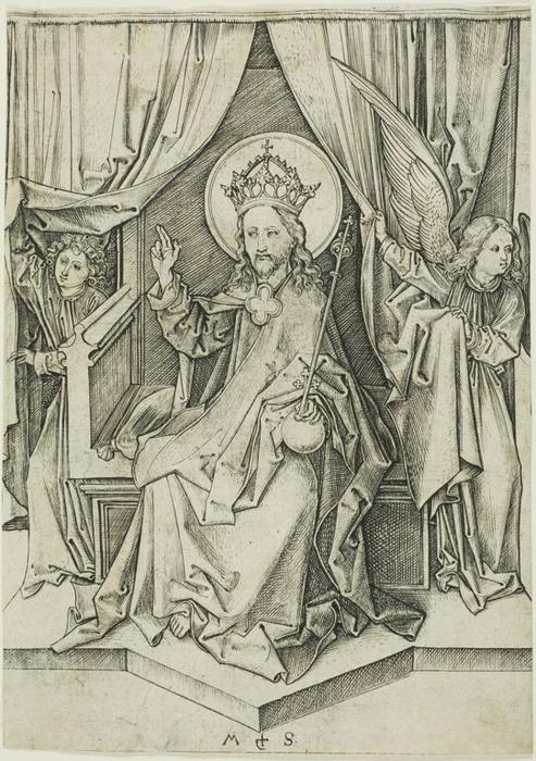 Wikioo.org – La Enciclopedia de las Bellas Artes - Pintura, Obras de arte de Martin Schongauer - Chirst Enthroned con dos ángeles