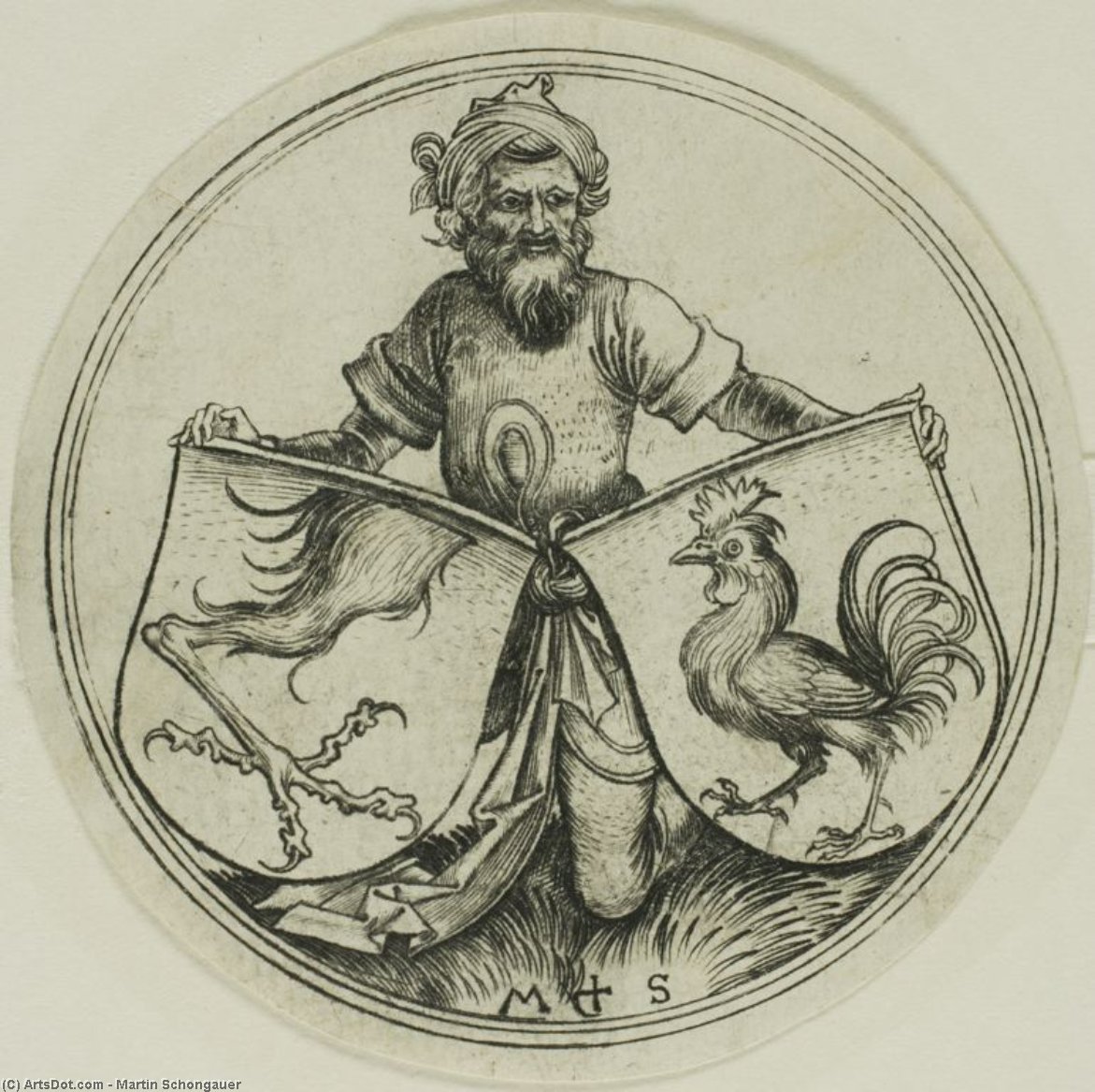WikiOO.org - Enciclopedia of Fine Arts - Pictura, lucrări de artă Martin Schongauer - Shield with a Griffin's Foot and Shield with a cock held by a moor