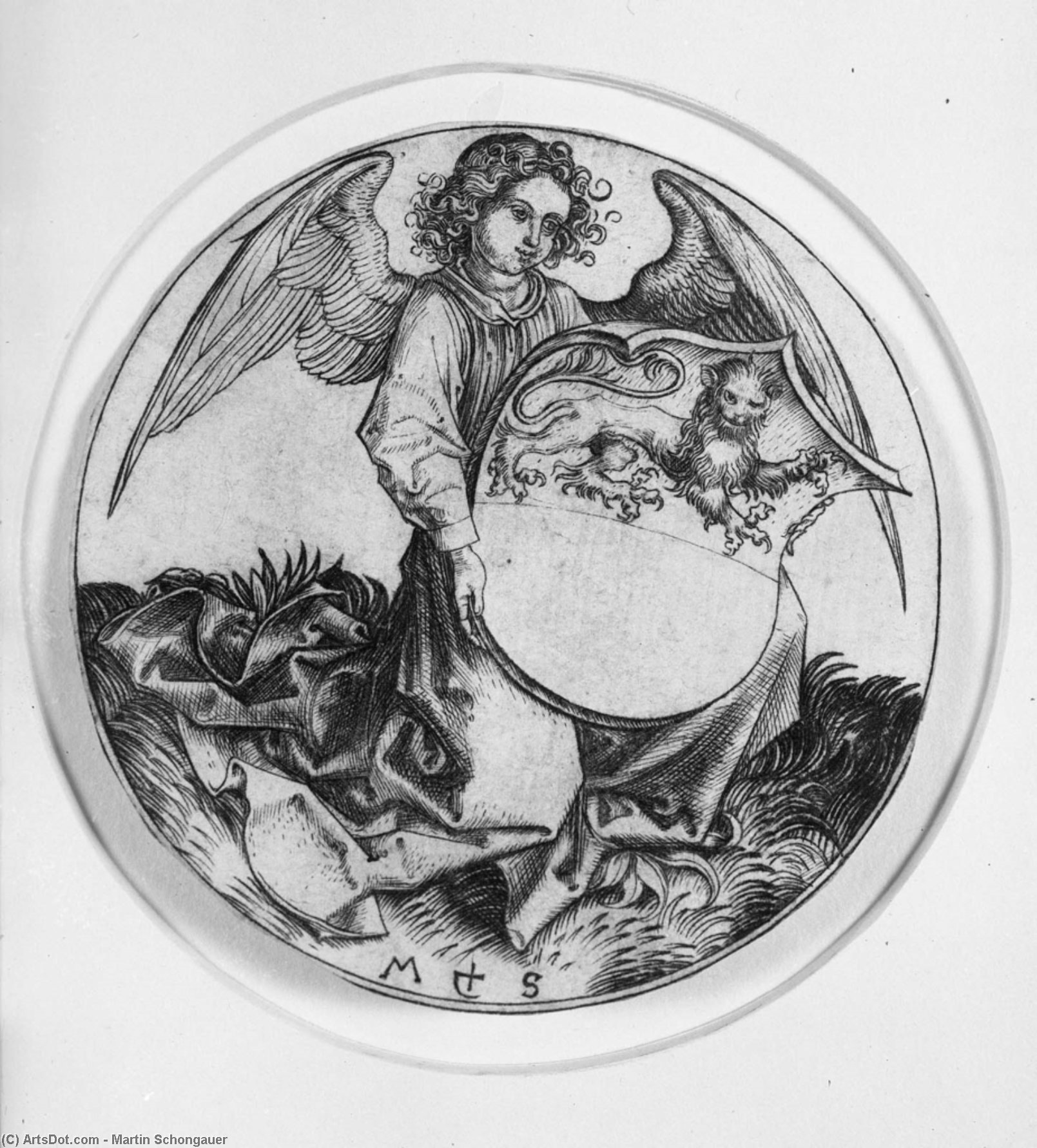Wikioo.org – La Enciclopedia de las Bellas Artes - Pintura, Obras de arte de Martin Schongauer - Escudo con un león tiene  apropósito  un  ángel