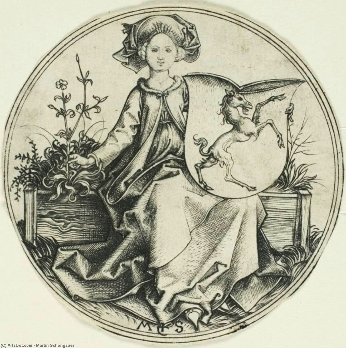 WikiOO.org - Enciclopedia of Fine Arts - Pictura, lucrări de artă Martin Schongauer - Shield with a Unicorn, Held by a Lady
