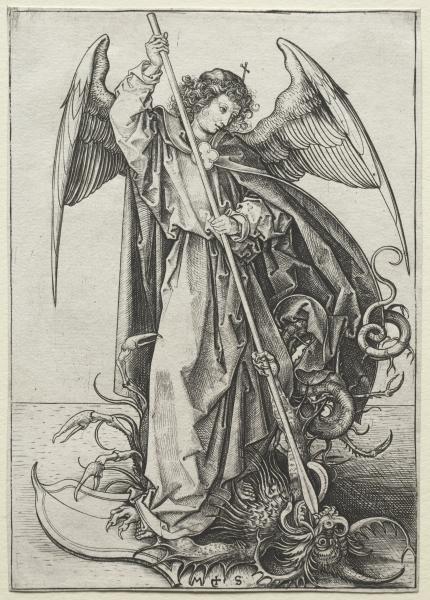 WikiOO.org - Encyclopedia of Fine Arts - Maleri, Artwork Martin Schongauer - The Archangel Michael Piercing the Dragon
