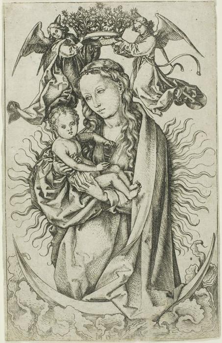 Wikioo.org - The Encyclopedia of Fine Arts - Painting, Artwork by Martin Schongauer - The Madonna on the Crescent Crowned by Two Angels